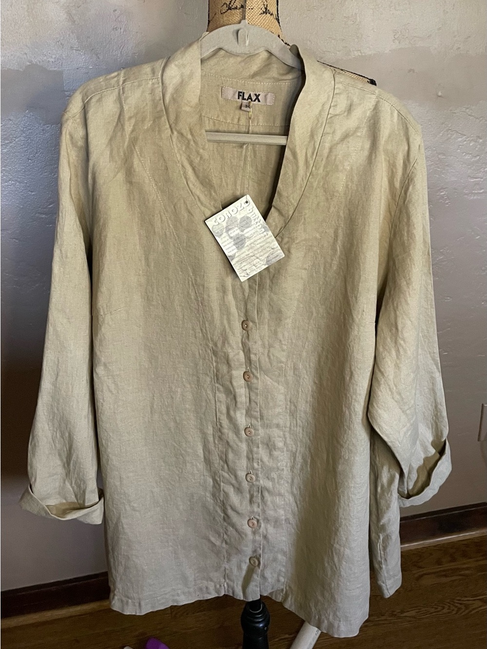 FLAX  Women’s Natural Tan Color Linen Button-Up Tunic Shirt 3X NWT